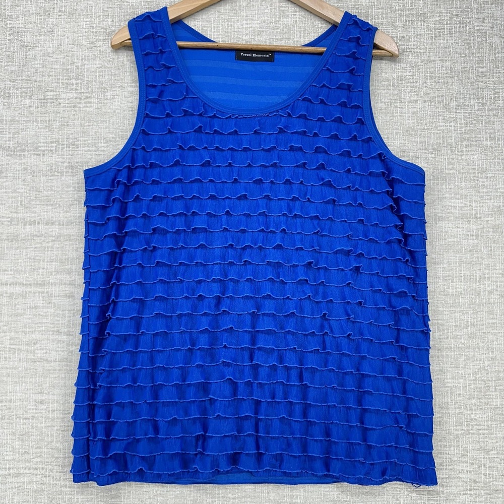Travel Elements Tank Top Womens Large Blue Ruffle Layered Scoop Neck Stretch